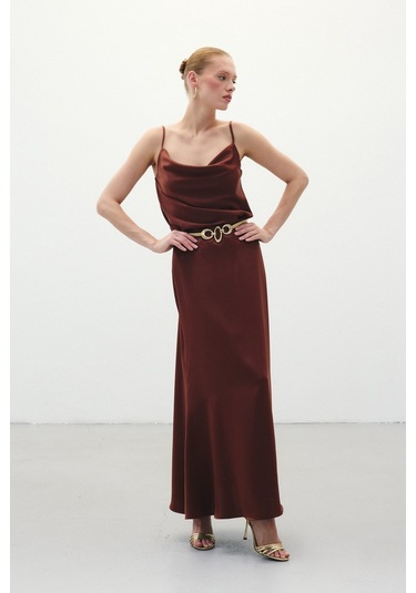 Sateen Uzun Saten Etek - Kahve