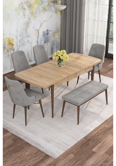 Mona Meşe 80x132 Açılabilir Mdf Masa Yemek Odası Takımı, Mutfak Takımı 4 Sandalye, 1 Bench Meşe Masa - 4+1 Gri - Ceviz Ayak