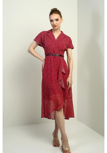 Kadın Kruvaze Yaka Astarlı Çıtır Desen Önü Volanlı Şifon Elbise-40728 Fuşya