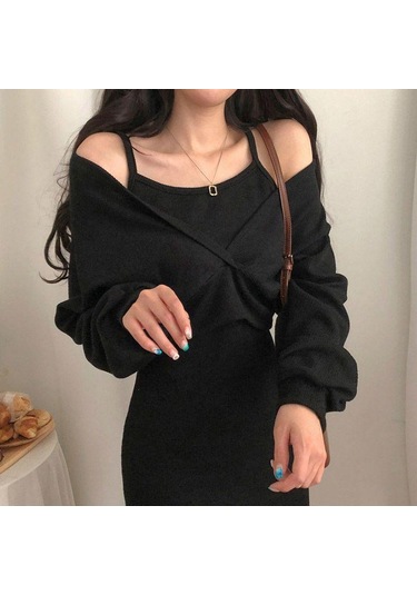 Fransız Mizaç Kayma Elbise + Bluz T-shirt Uzun Kollu Takım Elbise Kadın Ince Düz Renk Elbise Siyah