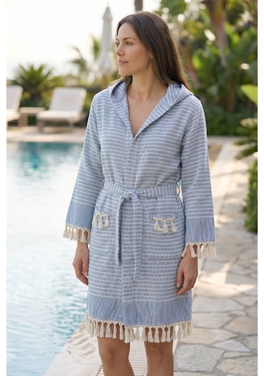 Kapşonlu Unisex Peştemal Plaj Bornozu %100 Pamuklu Seaside Stripe Mavi