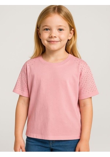Kız Çocuk Taş İşlemeli Pamuklu T-shirt-15981 Pembe