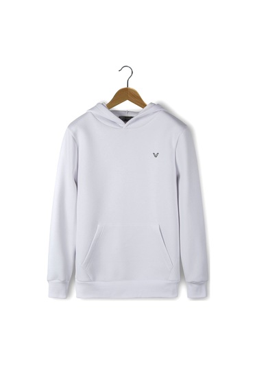 Unisex Beyaz Göğsü Logo Baskılı Kalın Üç Iplik Şardonlu Kapüşonlu Hoodie Sweatshirt Beyaz