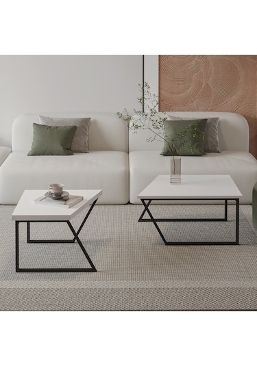 Verona İkili Orta Sehpa Modern Tasarım Metal Ayaklı Sehpa Seti Beyaz