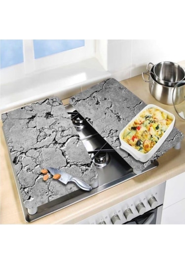 Dekoratif Cam Ocak Koruyucu ve Kesim Tahtası Gri Taş 60Cm X 52Cm
