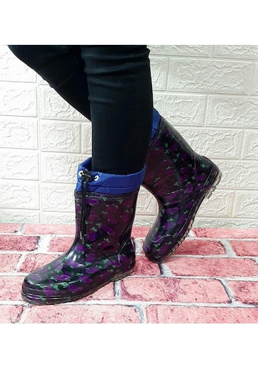Çağrı Mor Çiçekli Siyah İçi Yünlü Kar Yağmur Çizmesi 001