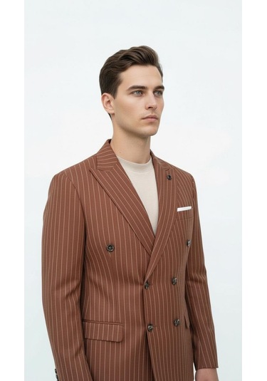 Plus Scorpion Kahverengi Çizgili Erkek Kruvaze Blazer Ceket İtalyan Kesim, Modern Şıklık Kahverengi