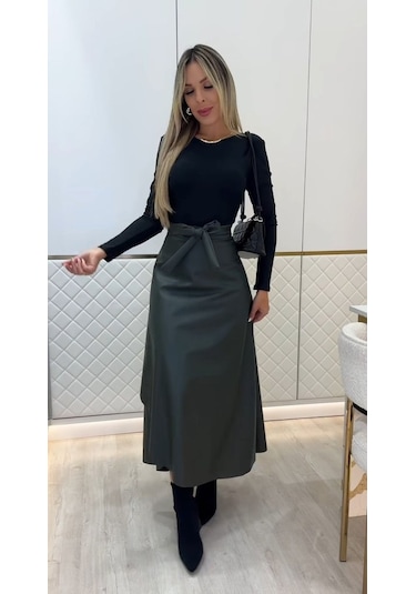 Moderie Butik Kadın Belden Kuşaklı Uzun Deri Etek Siyah