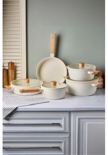Cookwood Beige 9 Parça Tencere Tava Seti Indüksiyon Tabanlı Ahşap Saplı 18081 Bej