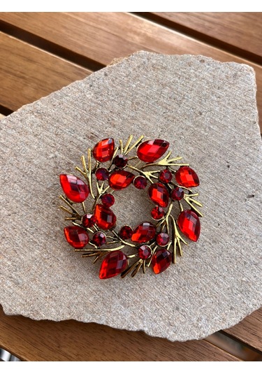 Kırmızı Taşlı Dal Broş Çok Renkli