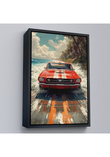 Ahşap Çerçeveli Kırmızı Mustang Tablo-7910