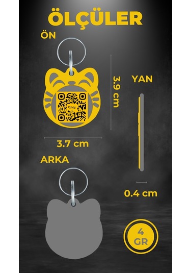 Petjoo 4.Maneki Neko Gri-Sarı Qr'lı Kedi Künyesi