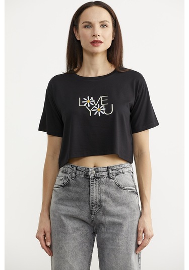 Oversize Baskılı Crop Tişört - Siyah Siyah