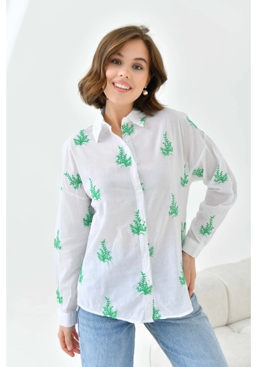 Kadın Yeşil Çiçek Nakış İşlemeli İnce Pamuk Gömlek Yeşil