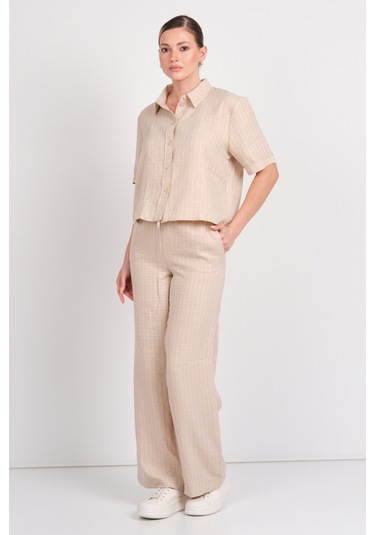 Jdy Kadın Jdypower Çizgili Kısa Kollu Gömlek 15347235 Bej Bej