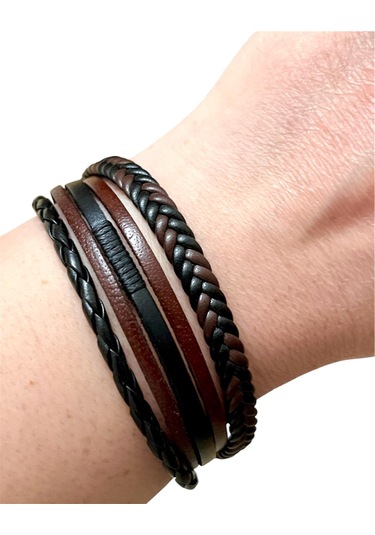 %100 Deri 5li Kombin Kahverengi Erkek Bileklik 21cm Türk Üretim Kahverengi - Siyah