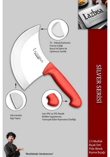 Lazbisa Mft-460 Silver Serisi Pizza Salata Hilal Börek Pide Bıçağı Kıyma Bıçağı 2 Li Set Günlük Kullanım Kırmızı