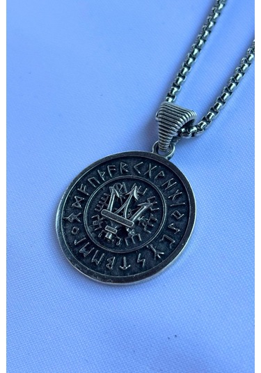 Mızraklı Viking El İşçiliği Paslanmaz Çelik Zincir Erkek Kolye Gümüş