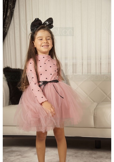 Kız Bebek-çocuk Uzun Kollu Doğum Günü Ve Özel Günler İçin Kalpli Tüllü Astarlı Elbise Gül Kurusu Gülkurusu