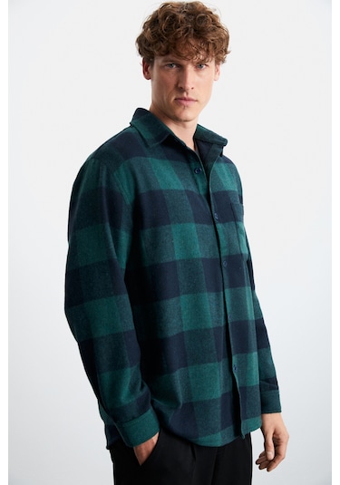 Wıldy  Erkek Pamuk-polyester Gömlek Yaka Relaxed Oduncu Yeşil Gömlek