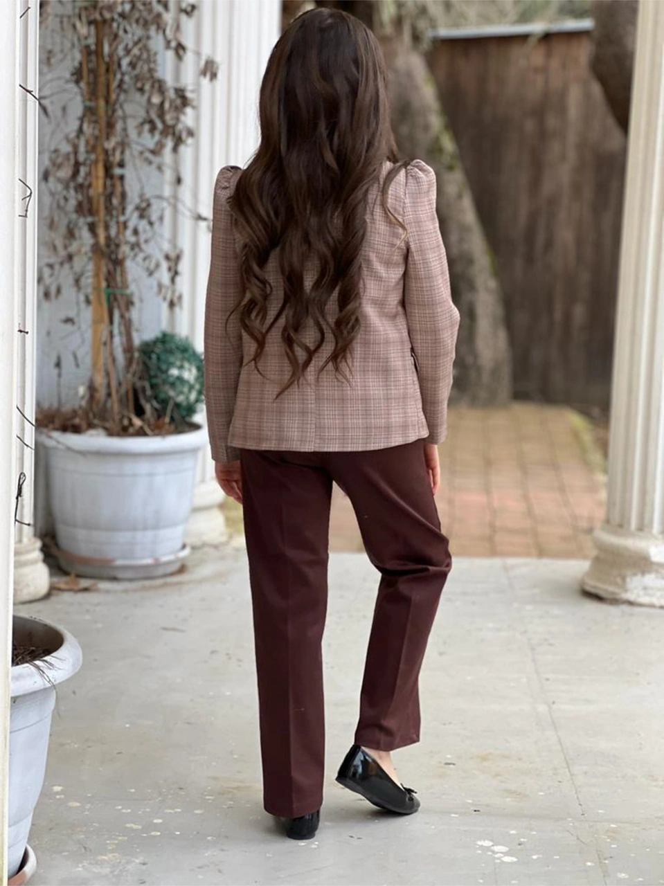 Uğurböceğiçocuk Astarlı Ekose Ceket Broşlu Gömlek Pantolon Kemer 4'lü Kız Çocuk Takım Kahverengi