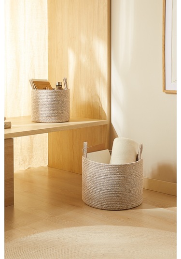 Ocean Home Textile 2'li Bej Kırçıllı Pamuklu Halat Sepet Set 26 x 22 / 35 x 27 cm