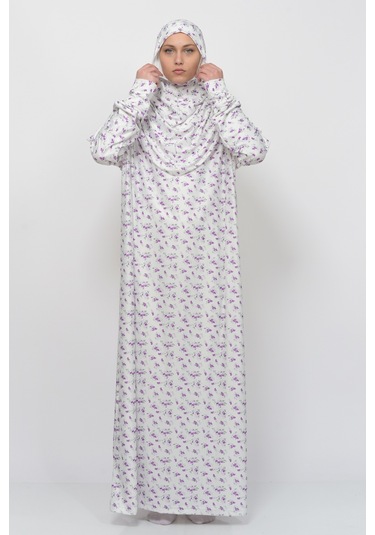 Pratik Tek Parça Çiçek Desenli Kollu Tak Çıkar Başörtülü Likralı Tesettür Namaz Elbisesi 990-0201 Mor Antrasit