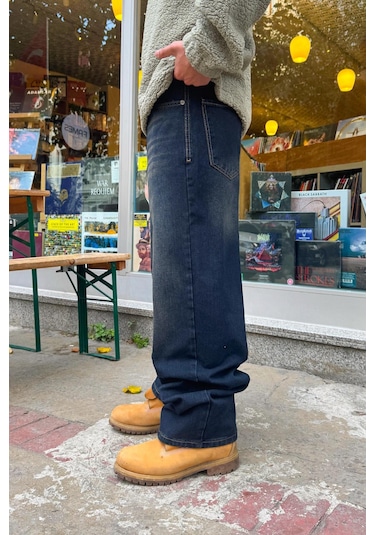 Flaw Eskitme Model Çizgili Baggy Jean Koyu Lacivert Koyu Lacivert
