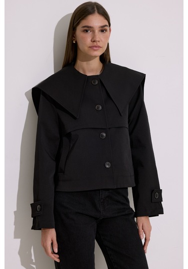 Geniş Yaka Crop Trençkot Siyah Siyah