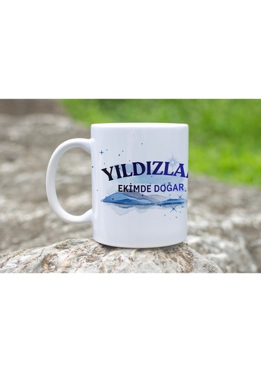 Yıldızlar Ekimde Doğar Yazılı Doğum Günü Kupa Bardak Mavi Işıltılı Gökyüzü Tasarım Hediye Beyaz