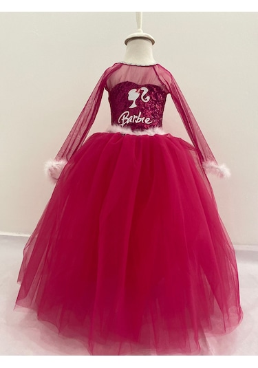Barbie Uzun Kol Elbise Fuşya - Beyaz