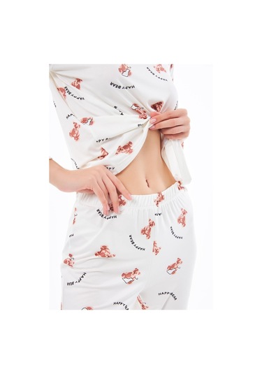 Premium Yazlık Kadın Pijama Takımı Ayıcık Desenli Yumuşak Dokulu Bisiklet Yaka Uzun Kollu Krem