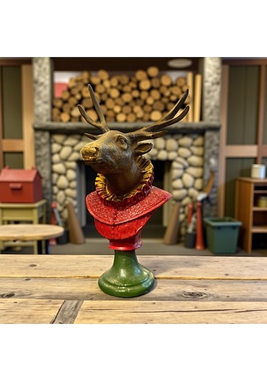 Dekoratif Polyester Tekli Geyik Başı Biblo Kırmızı Yeşil