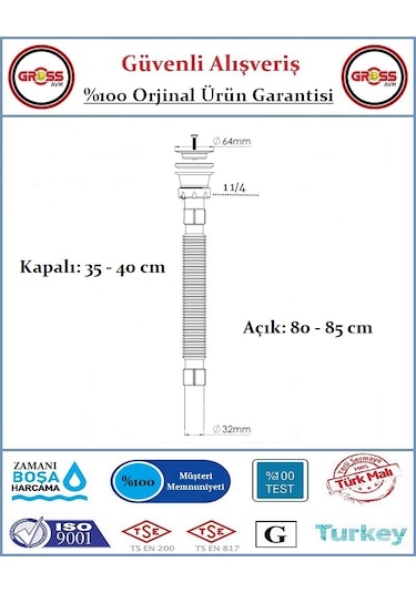 Lavabo Evye Gider Sifonu - Körüklü - Paslanmaz Süzgeç - Paslanmaz Beyaz