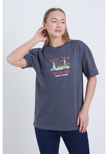 Velvoria Unisex Oversize Road Trip Baskılı Antrasit Renk T-shirt