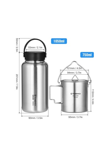 Tomshoo H8315ss-bh+h8-1050ml Paslanmaz Çelik Su Şişesi Sızdırmaz Gümüş