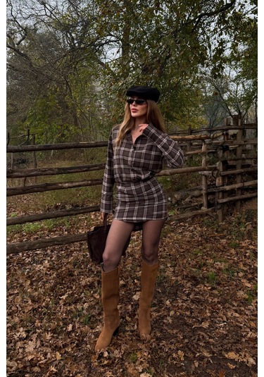 Kahverengi Ekose Gömlek Elbise - 4989 Kahverengi