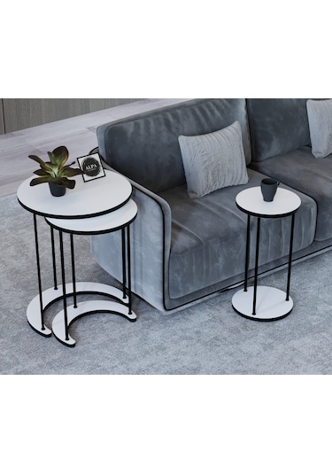 Alpa Ev Mobilya Ay 3 Lü Yuvarlak Zigon Sehpa Seti, Modern Metal Ayaklı C Model Şık Yan Sehpa Beyaz