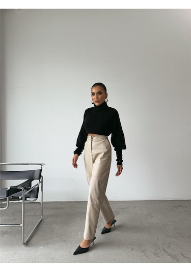 Gülsüm Aydın Deri Pantolon Diz Parçalı - Taş Altın