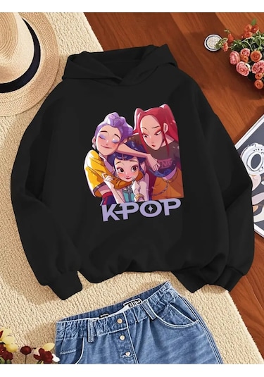 Kışlık Kapüşonlu Sweatshirt, Çocuk K-pop Baskılı SiYAH