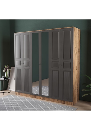 Nil 6 Kapaklı Eko Bazalı Gardırop - Mdf Kapak Antrasit