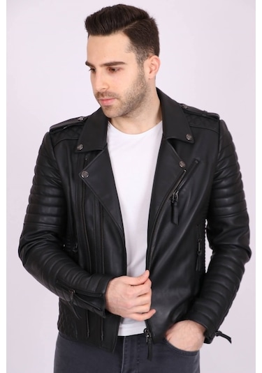 Erkek Siyah Hakiki Deri Yakalı Baklava Desenli Apoletli Spor Mont
