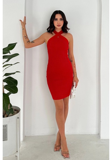 Asprin Fashion Çapraz Yaka Triko Elbise Kırmızı Kırmızı