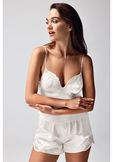Freshness 9950-şt Saten Askılıı Şort Takımı Ekru
