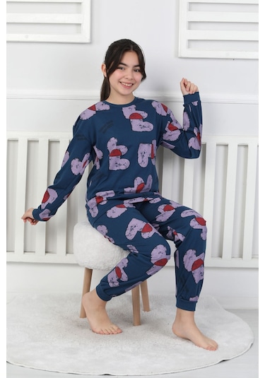 Tangled Hearts Desenli Kız Çocuk Pijama Takımı 8-13 Lacıvert