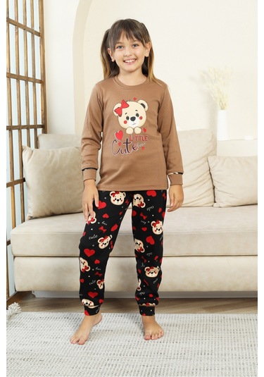Kız Çocuk Ayıcık Baskılı %100 Pamuk İnterlok Kumaş Pijama Takımı 12347 Kahverengi