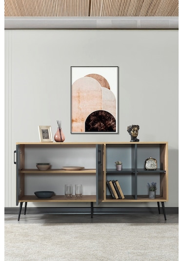 4609 Şile Metal Ayaklı Metal Kulplu 160 Cm Konsol - Yemek Odası Antrasit - Safir Antrasit - Safir