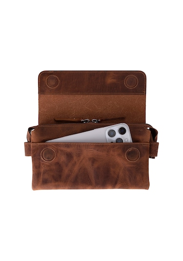 Prestige Hakiki Deri, El Yapımı, Telefon Bölmeli, Erkek El Çantası, Antik Kahve Kahverengi