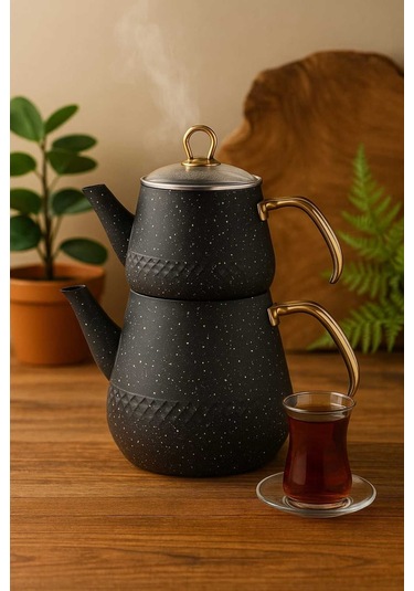 Enashop Granit Kaplama Gold Kulplu Cam Kapak Çaydanlık Siyah Siyah