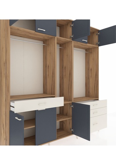 Hyperion Dolap 8 Raflı 4 Çekmeceli 3 Askılı 220x44x243 Çam-antrasit/aytaşı Antrasıt/aytası